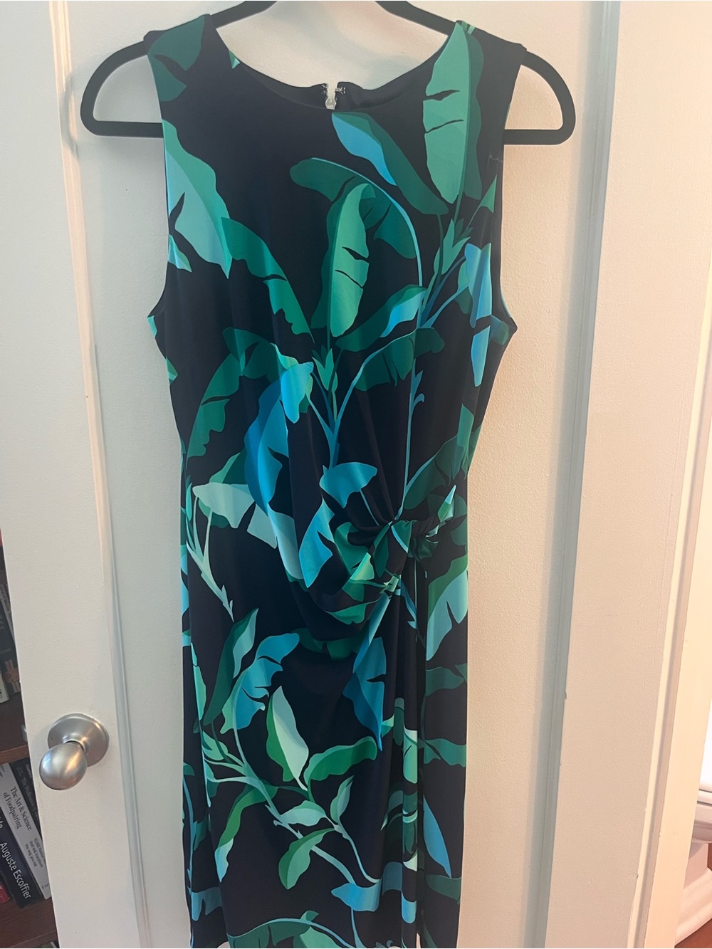 Tommy Hilfiger Sleeveless Leaf-Print Midi Dress in Teal and Black